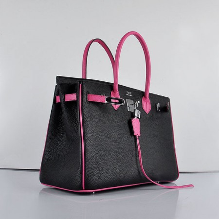 Hermes 6089 Birkin 35CM Tote Bags Black and Pink Leather Silver